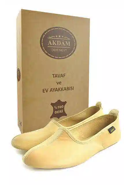 %100 Deri Hac Umre Tavaf Patiği ve Ev Ayakkabısı Krem