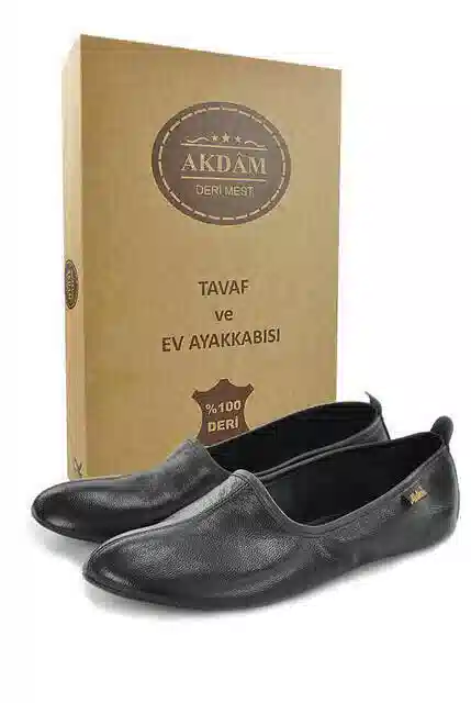 %100 Deri Hac Umre Tavaf Patiği ve Ev Ayakkabısı Siyah