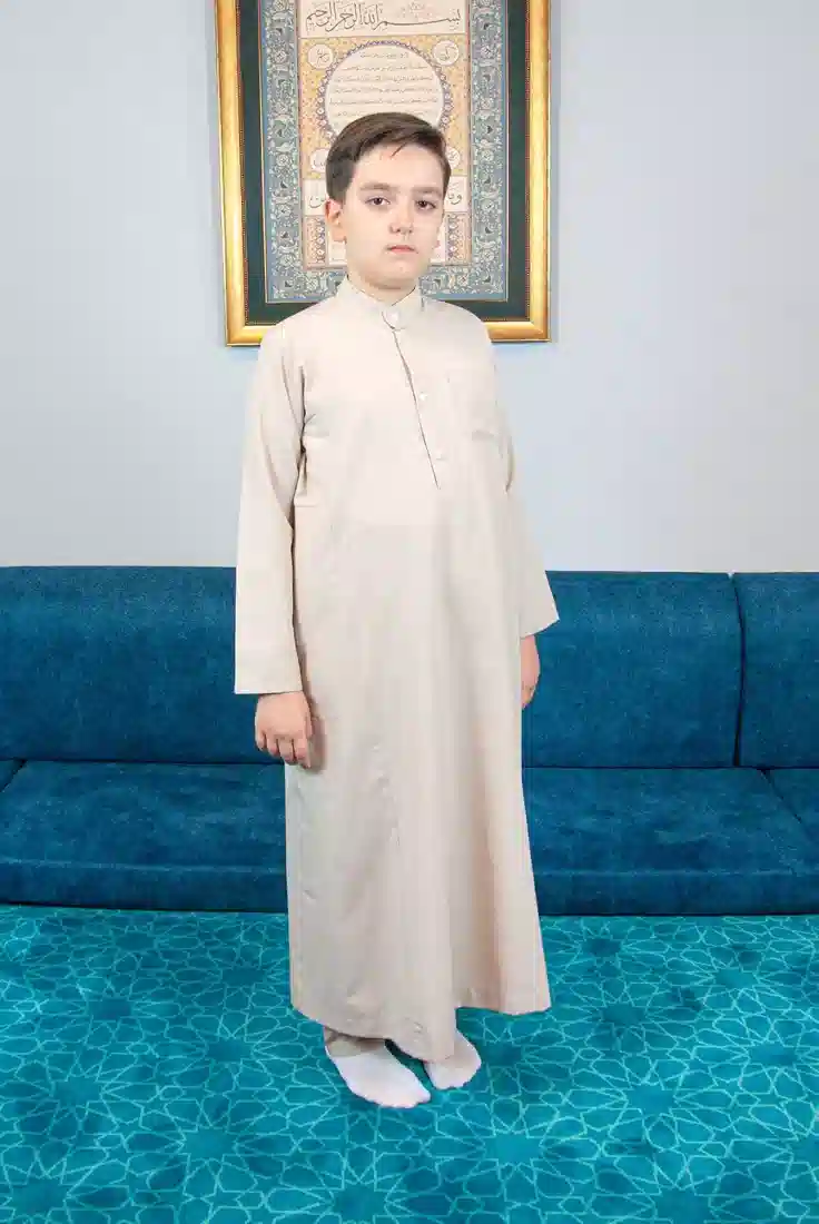 Erkek Çocuk Hac Umre Hakim Yaka Fistan Pantolon Takım - Bej