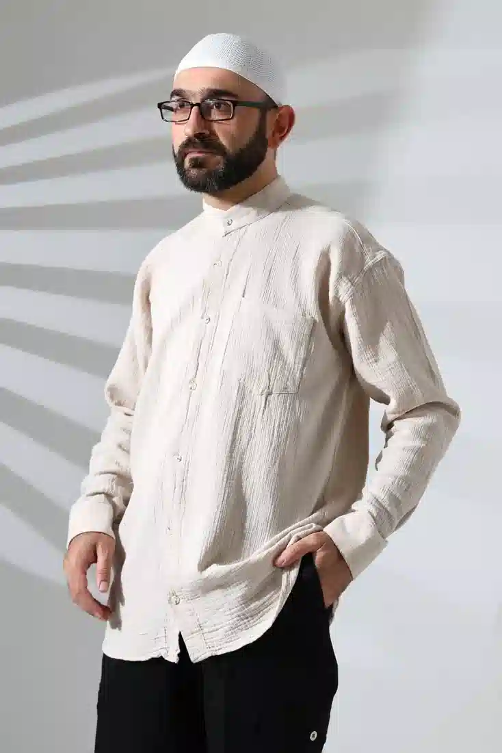 Erkek Hakim Yaka Uzun Kollu Düğmeli Müslin Gömlek Bej