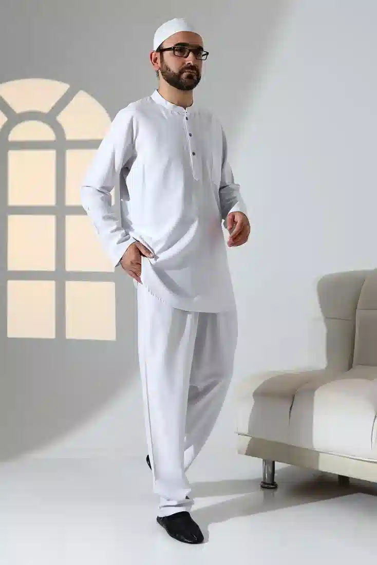 Erkek Tek Cepli Hakim Yaka Gömlek Pantolon Keten İkili Takım Hac Umre Kıyafeti - Beyaz