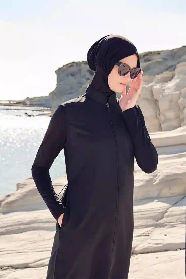 Haşema Tam Boy Siyah Jileli 4 Parça Tam Kapalı Tesettür Mayo Takımı H-6021-23