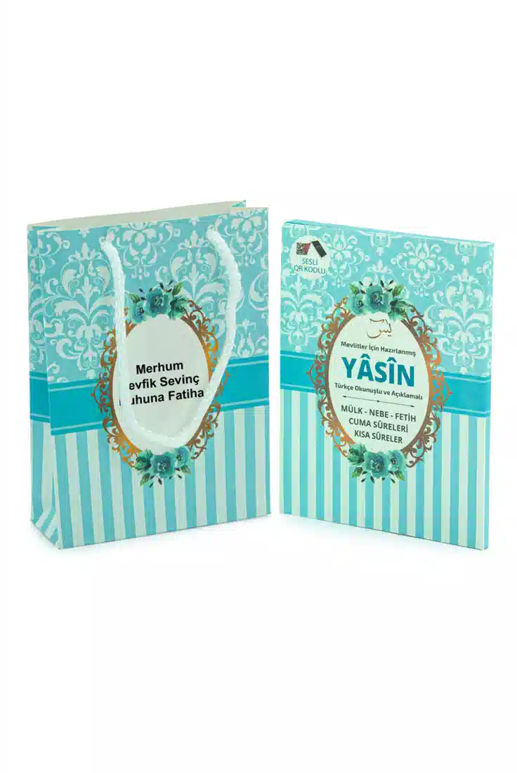 Hediyelik Mevlüt Seti İsme Özel Etiketli Çantalı 80 Sayfa Yasin Kitabı - Mavi