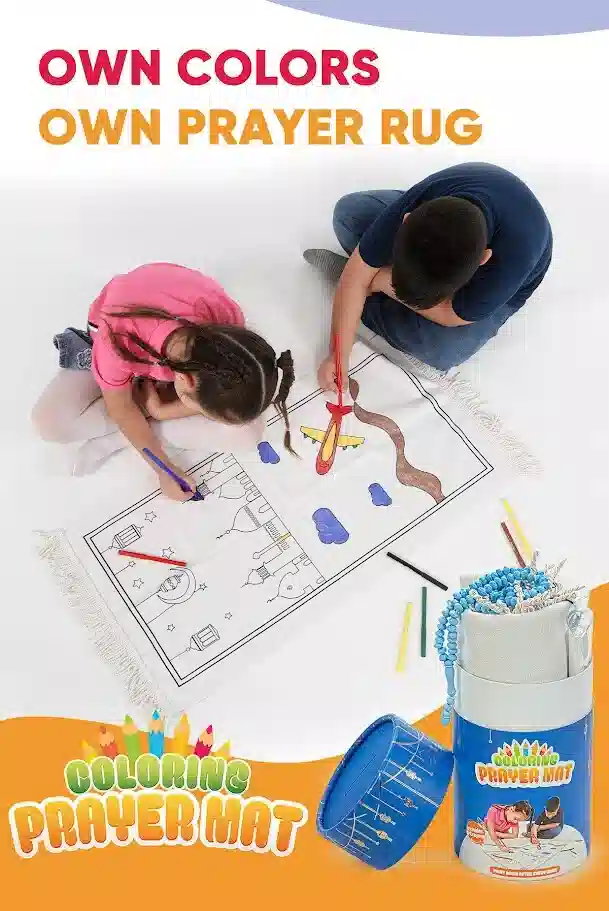 İngilizce Boyamalı Yıkanabilir Eğitici Dini Oyuncak Çocuk Seccade Seti Mavi