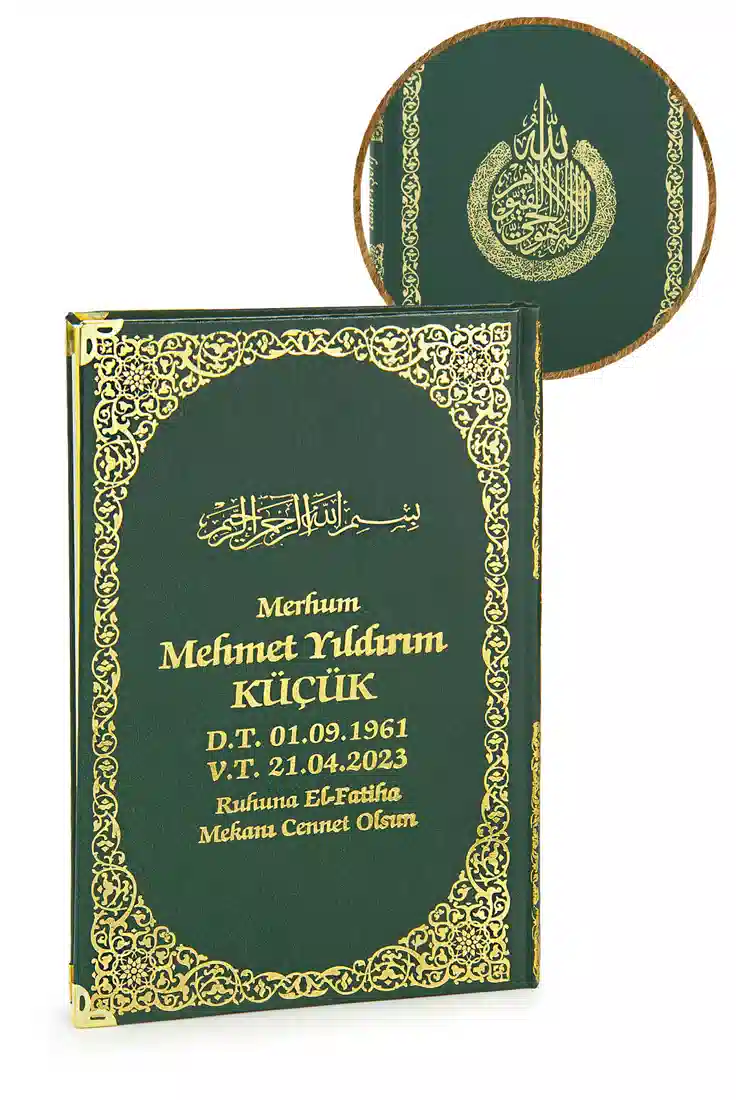 İsim Baskılı Ayet-el Kürsi Desenli Yaldızlı Deri Ciltli Orta Boy Yasin Kitabı Mevlüt Hediyesi 176 Sayfa Yeşil