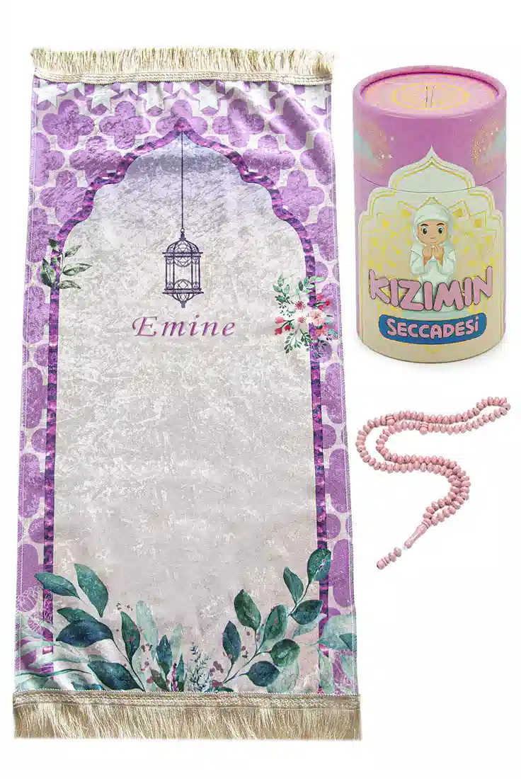 İsme Özel Nakışlı Çocuk Seccadesi Seti Silindir Kutulu Tesbihli Pembe