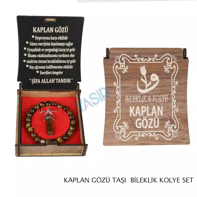 Özel Ahşap Kutulu Kaplangözü Taşı Kolye Bileklik Seti