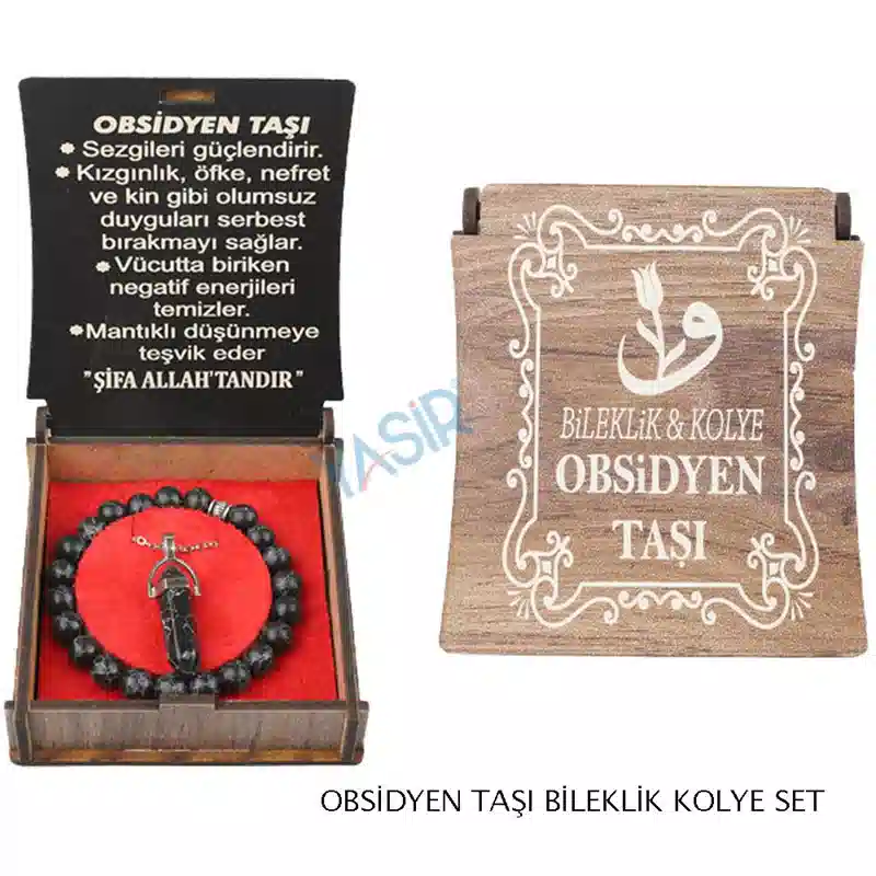 Özel Ahşap Kutulu Obsidyen Taşı Kolye Bileklik Seti