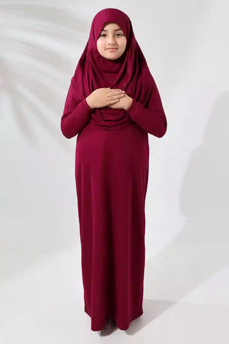 Tek Parça Pratik Başörtülü Çocuk Namaz Elbisesi Fuşya